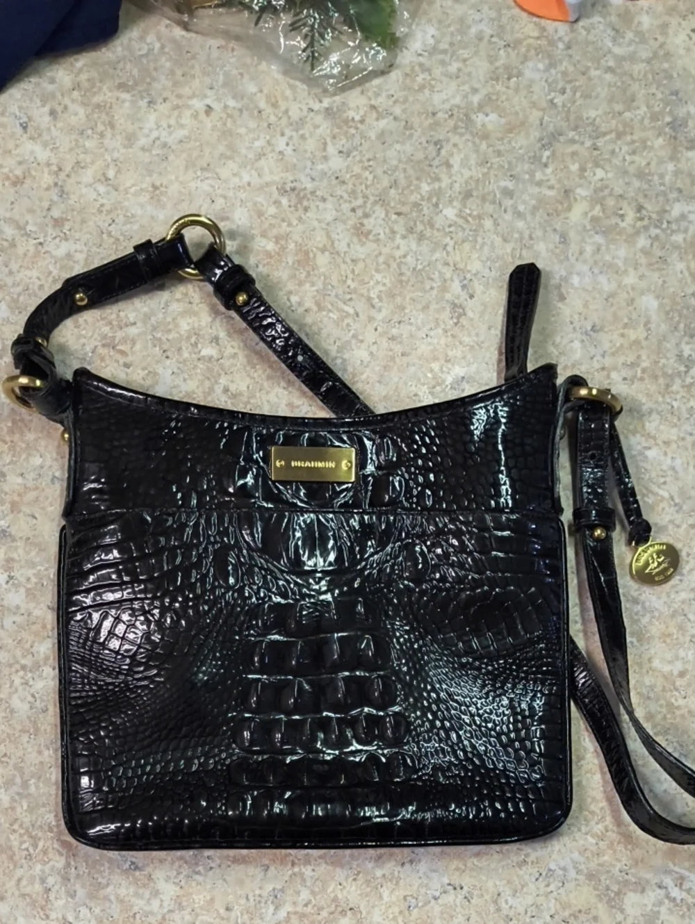 Brahmin Black Croc-Embossed Crossbody with Gold Hardware GUC.